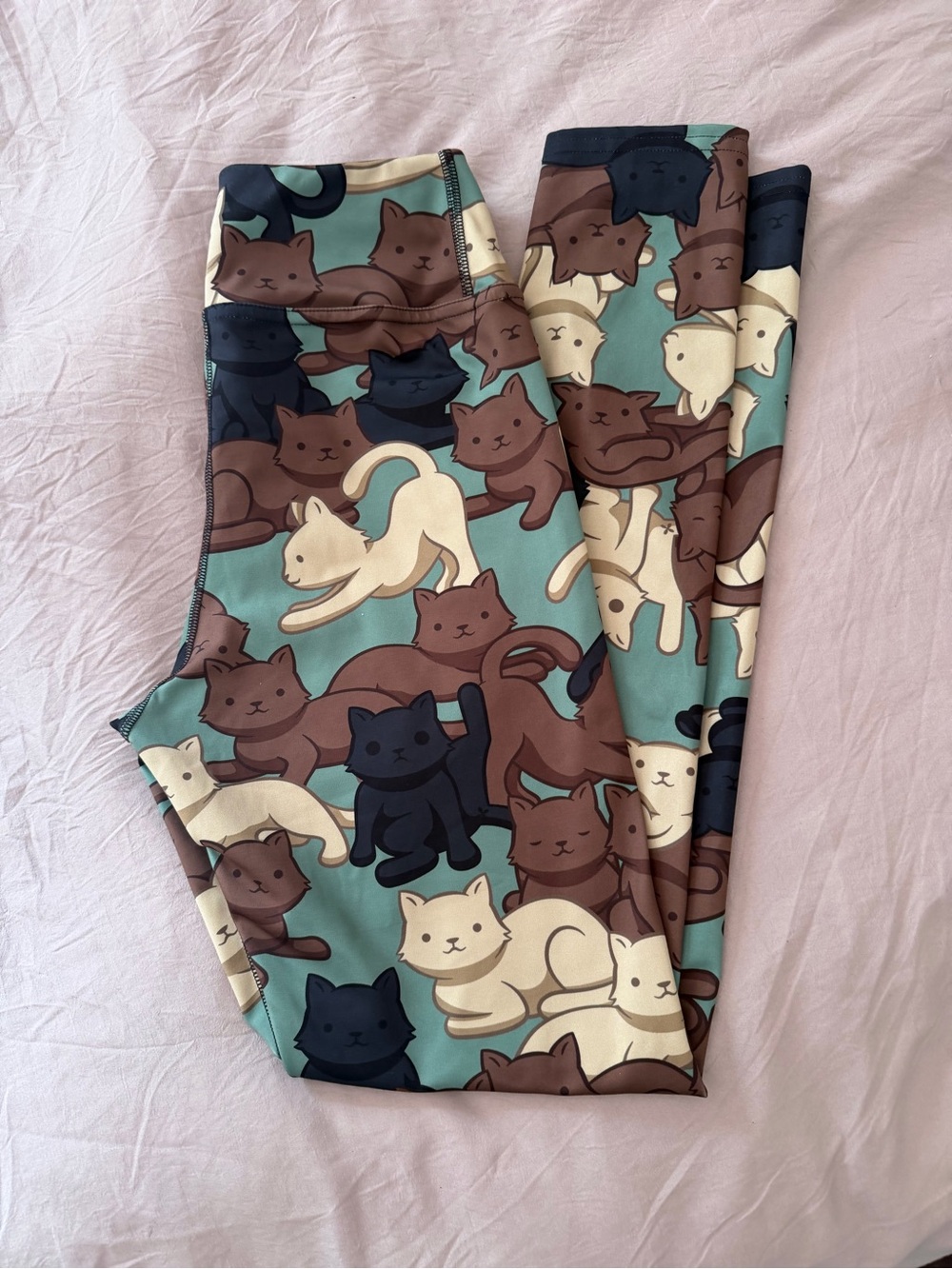 Cat-Print Pet Leggings in Teal with Brown, Cream & Navy Cats